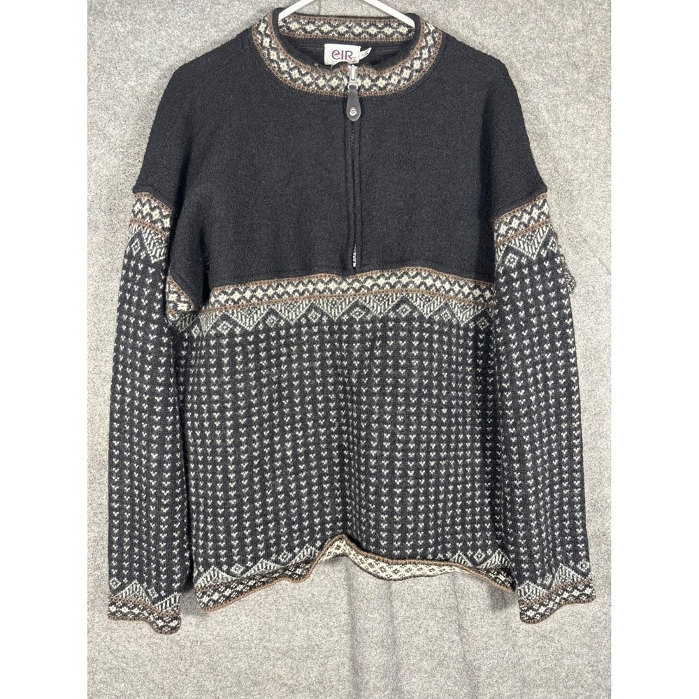 EIR Vintage 100% Wool Nordic Fair Isle Quarter Zip Sweater Black Brown Mens LG